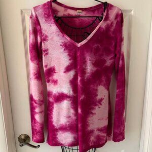 BKE Pink Tie Dye V-Neck Long Sleeve XL Boho Stretch Tunic Hippie Semi-Sheer EUC